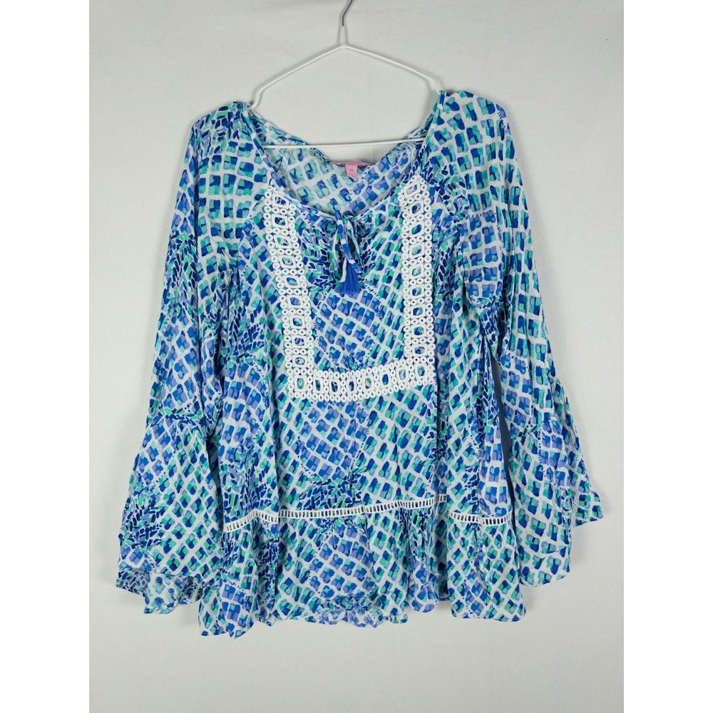 Lilly Pulitzer Boho Peasant Top Womens XS Blue Teal Abstract Print Crochet Trim